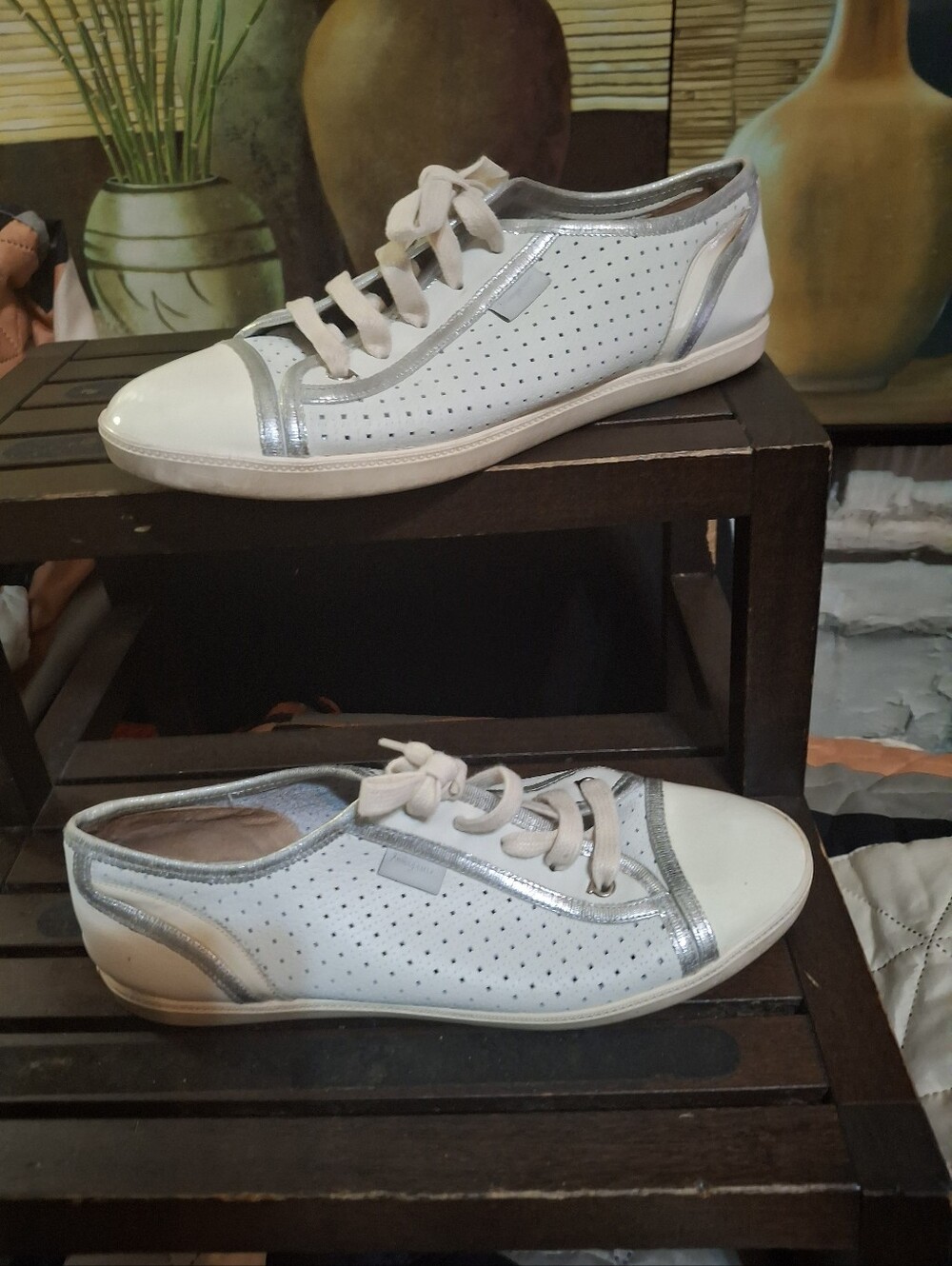 Casual White and Silver Perforated Lace-Up Women's Sneakers